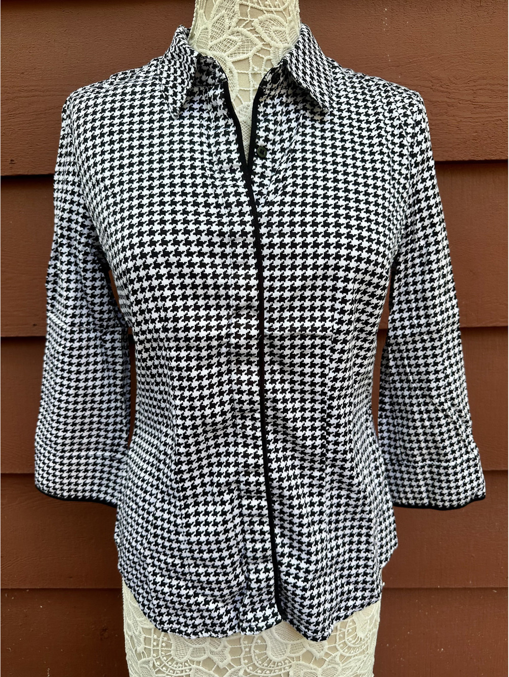 Covington Black and White Houndstooth Blouse Office‎ Siren Dark Academia